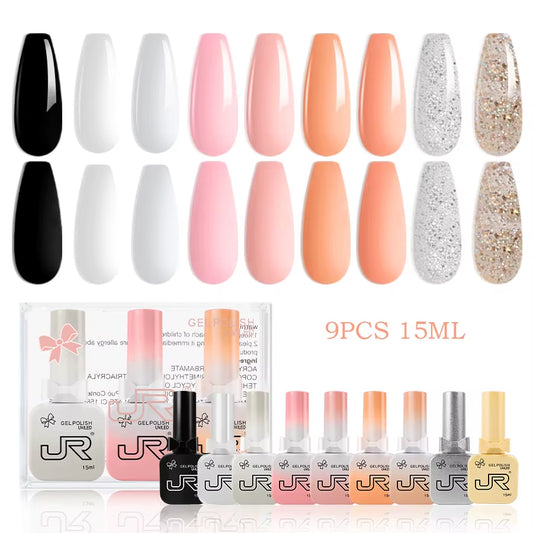 9Pcs 15Ml Gel Nail Polish Set Including Red Pink Nude Gel Polish Kit UV LED Soak off Polish Home DIY Top Coat Base Coat Gifts