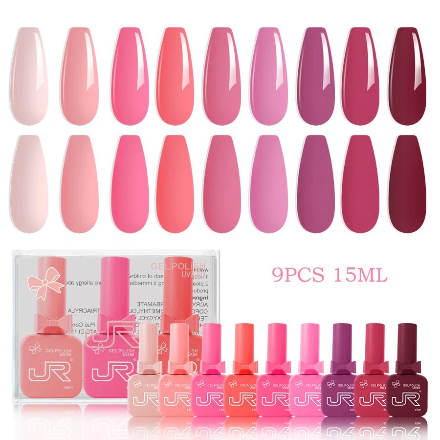 9Pcs 15Ml Gel Nail Polish Set Including Red Pink Nude Gel Polish Kit UV LED Soak off Polish Home DIY Top Coat Base Coat Gifts